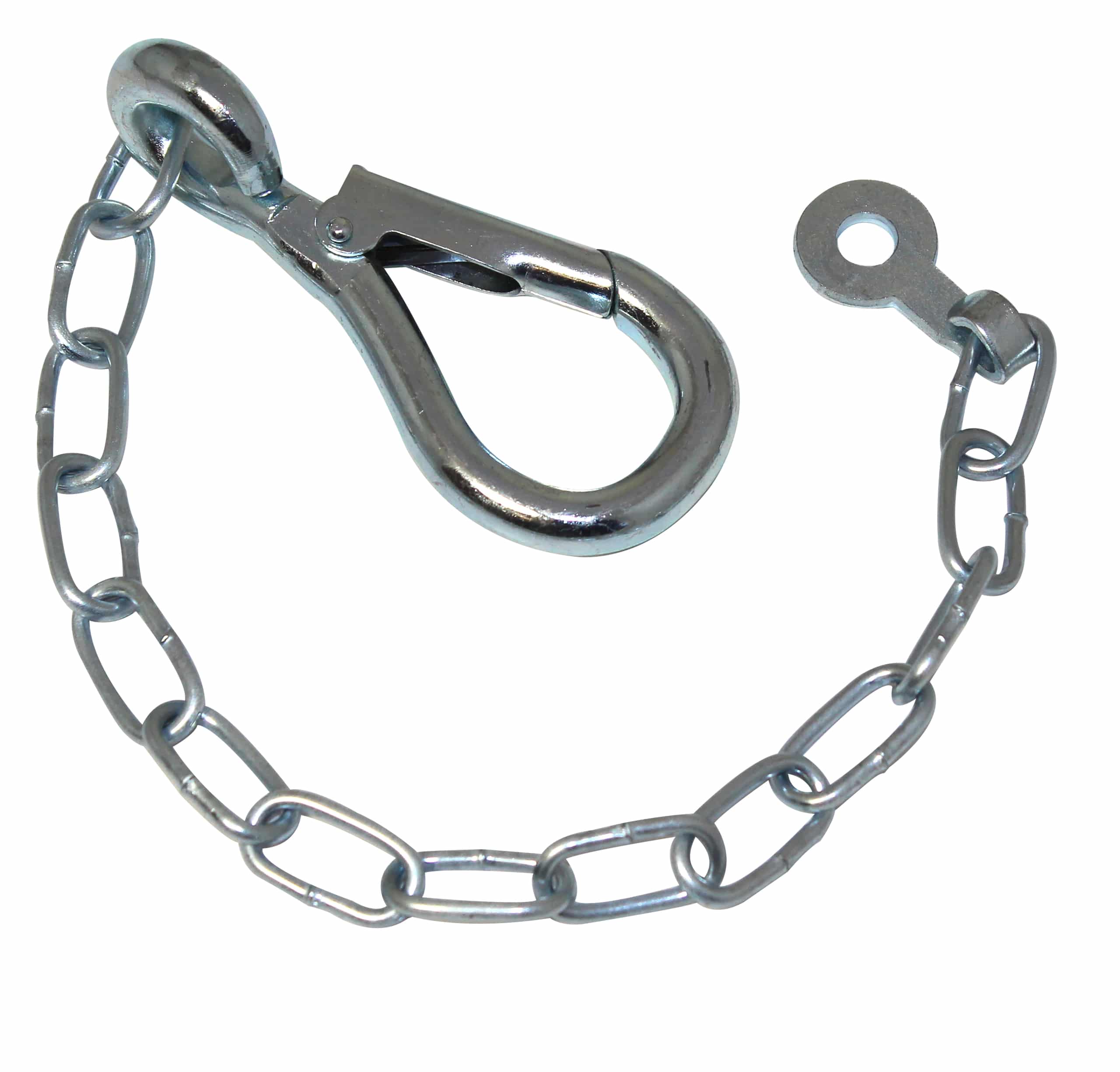 Close-up of a shiny metal chain with a hinged clasp and linked rings on a white background