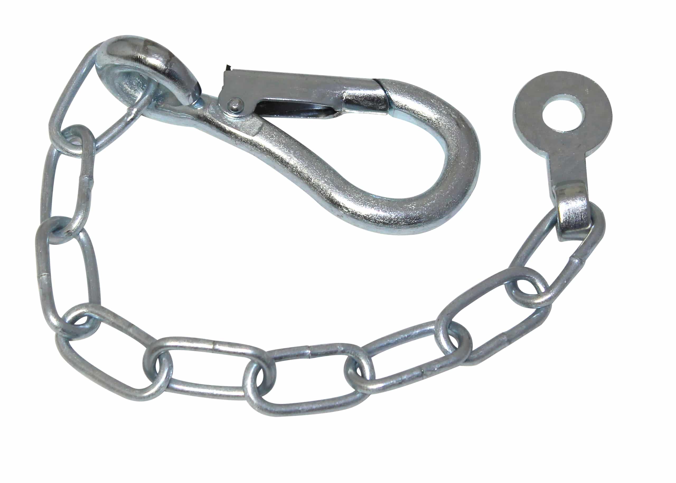 Close-up of a silver metal chain with a carabiner-style clasp.