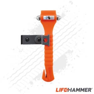 Classic emergency hammer with double-sided head, seatbelt cutter, and clamp fastener for middle console.