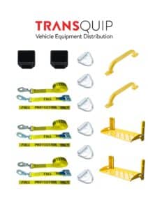 Company logo TRANSQUIP with vehicle equipment display and safety gear (carabiners, yellow fall-protection straps, grab handles, and mounting plate)