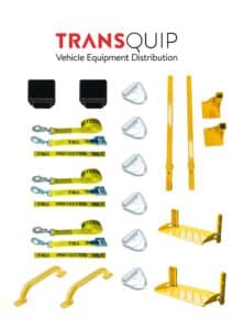 Transquip logo above a collage of safety gear: yellow fall-protection straps, silver D-rings, yellow bars, and mounting brackets, under 'Vehicle Equipment Distribution'