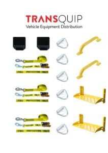 Transquip logo with vehicle equipment: yellow safety straps, steel carabiners, yellow grab handles, and mounting brackets in a catalog layout
