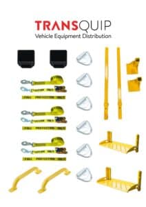 Logo and kit: TRANSQUIP Vehicle Equipment Distribution with assorted safety components (straps, carabiners, harnesses, yellow bars/brackets) laid out below