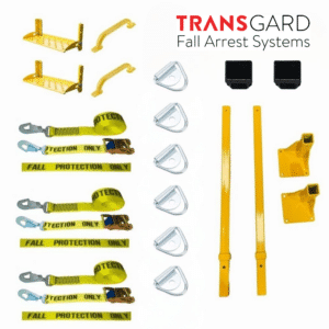 Complete fall protection system for flatbeds and trailers with ratchet straps, access steps and rear pillars.