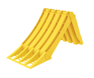 Lokhen Origamy 53 foldable wheel chock securing a truck wheel, compact safety chock for trucks and trailers