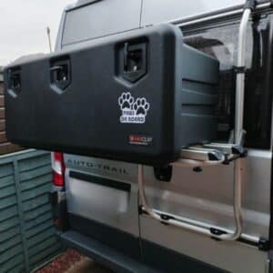 Daken-Arka Plastic Toolbox Installed on Campervan Bike Rack for Secure Storage.