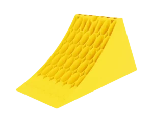 Lokhen Crowny Heavy 53 Wheel Chock in bright yellow thermoplastic with steel grip strip for trucks, supporting up to 6,500 kg