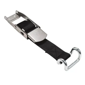 Adjustable metal cam buckle with black nylon strap and chrome hardware, shown at an angle