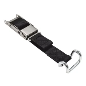 Black nylon cargo strap with a metal cam buckle and metal D-rings for securing loads