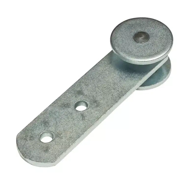 Metal mounting bracket with three holes and a small roller at one end, a furniture/door roller component