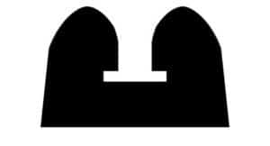 Abstract black icon of two rounded arches with a central notch between them.