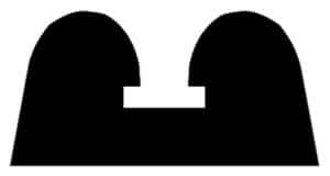 Abstract black silhouette of two rounded humps connected by a central rectangular notch, like a stylized bridge or logo element.