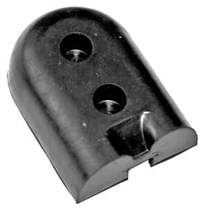 Small metal connector or mounting bracket with two round holes and a curved base, likely a clip or fastener component.