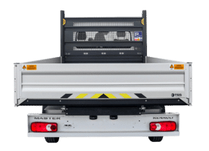 Rear view of a Renault Master cargo truck with a large hydraulic tail lift, yellow hazard labels, and safety mesh screens on the lift mechanism.