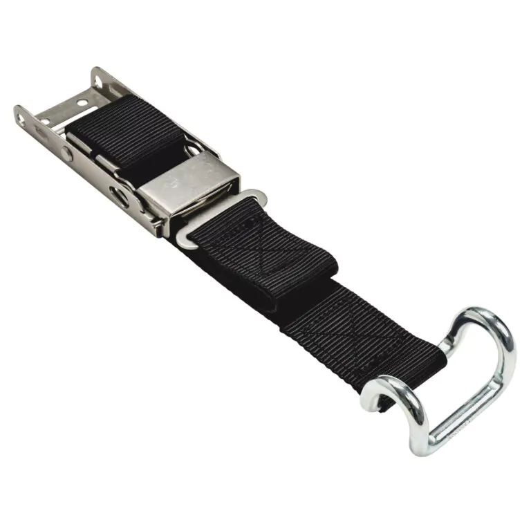 Black nylon cargo strap with a metal ratchet buckle and chrome D-ring end used to secure loads, showing a rugged securing tool.