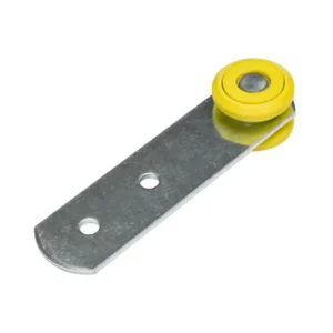 Metal mounting strap with two screw holes and a yellow roller at the end.