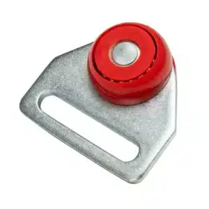 Red plastic wheel mounted on a silver metal bracket with a long rectangular cutout slot