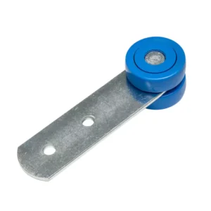 Metal L-bracket with two holes and a small blue rotating wheel at the end (roller/guide) on white background