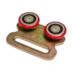 Two small red wheels with metal bearings mounted on a brass-colored metal plate; a roller/guide assembly photo.