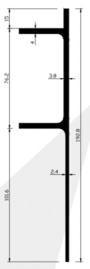 Technical drawing of an F-shaped structural cross-section: a right vertical web with two left-extending flanges, showing overall height and key dimensions (web and flange thicknesses, lengths)