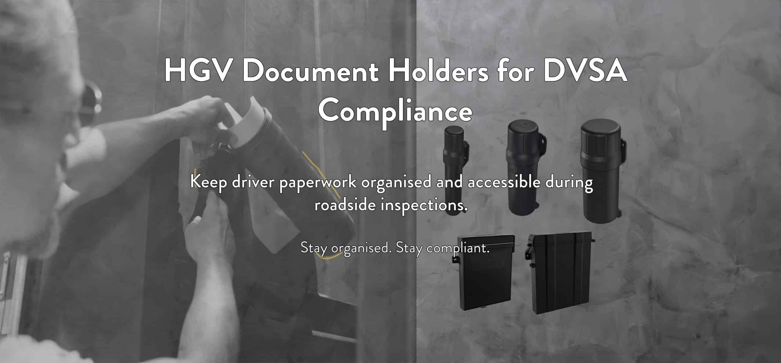 One exterior-mounted document holder installed on an HGV, alongside images of other available document holder products in different styles and sizes.