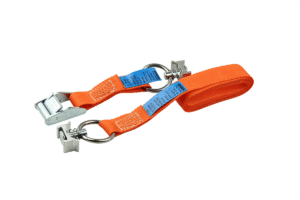 Orange nylon strap with two metal hooks and a quick-release clasp, used to secure loads.