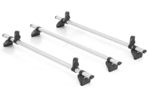 Set of four silver roof rack crossbars with black mounting feet on a white background