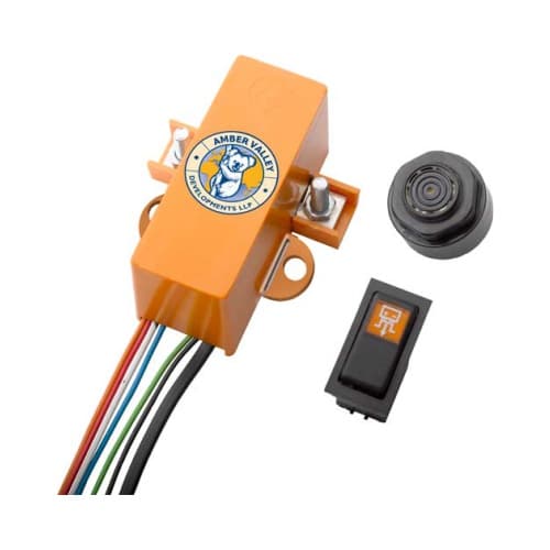 Orange sensor module with multiple colored wires, a small push-button switch, and a round black component for robotics projects.