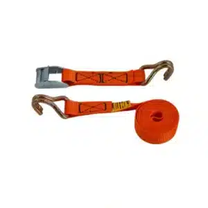 Orange ratchet strap with metal hooks and rolled tail, used to secure cargo during transport.