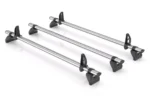 Set of three silver roof rack cross bars with black mounting feet and clamps on a white background