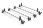 Set of four silver car roof rack crossbars with plastic clamps for mounting on a roof rail system