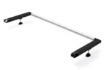 Two black end supports connected by a silver rod, with small adjustable feet at each end (camera rig accessory).