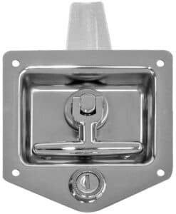 Chrome recessed latch with U-shaped lever on a square mounting plate and circular key lock below