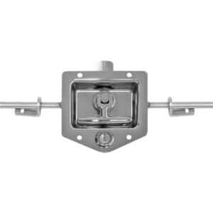 Square mounting plate with a central latch housing a horizontal wire rope; metal hardware for securing a cable system